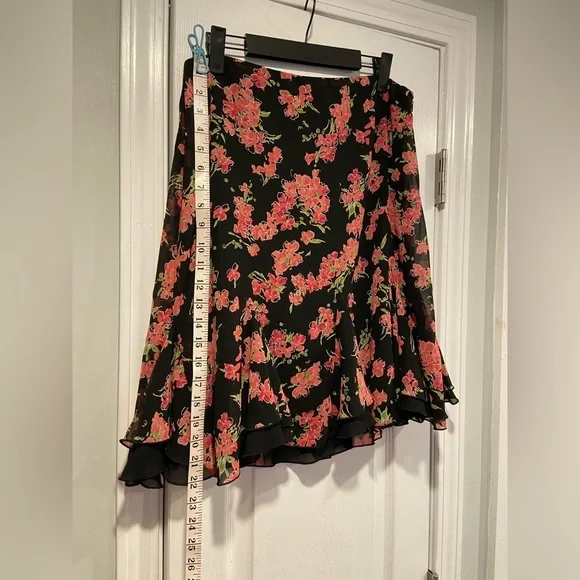 Fashion Bug Size 10 Layered Black Pink Floral Tulip Ruffle Hem Midi Skirt Zip - Picture 7 of 9